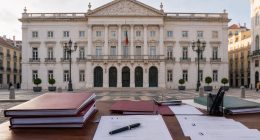 Documentos de concurso público diante de um edifício municipal de Lisboa