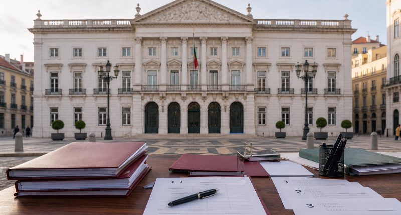 Documentos de concurso público diante de um edifício municipal de Lisboa