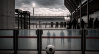 Bola de futebol diante de barreiras de acesso a um estádio vazio