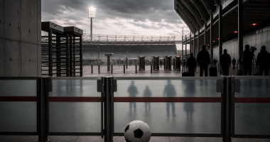 Bola de futebol diante de barreiras de acesso a um estádio vazio