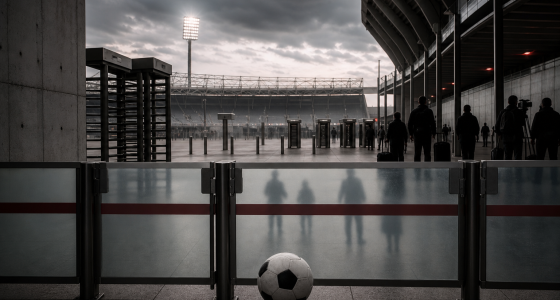Bola de futebol diante de barreiras de acesso a um estádio vazio