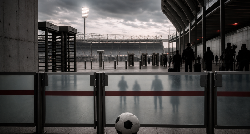 Bola de futebol diante de barreiras de acesso a um estádio vazio